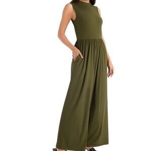 Halara Olive Ruched Soft Ribbed Wide Leg Sleeveless Jumpsuit Size XL